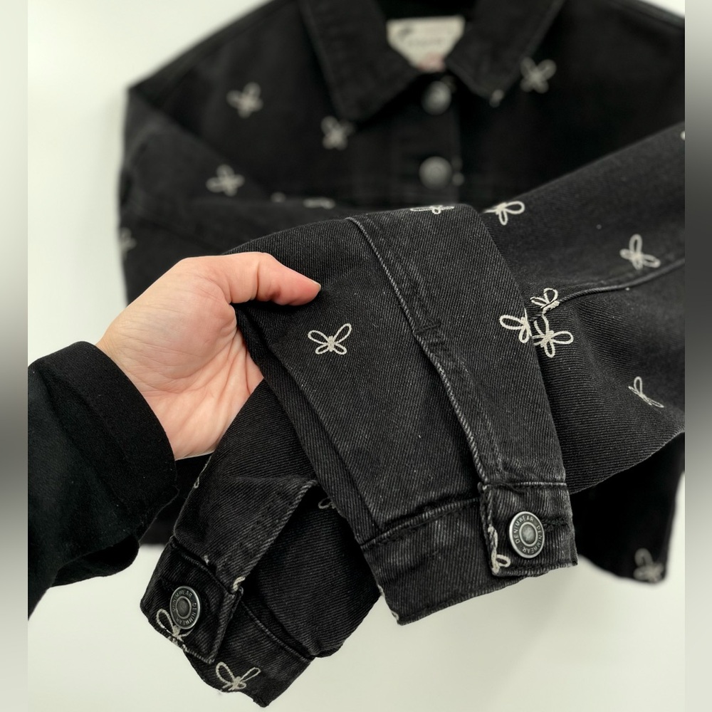 Stoosh Vintage Denim Butterfly Cropped Jean Jacket Black Size Small Button Front - Picture 8 of 11